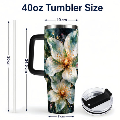 #pl[40oz|Black] White Floral 40oz Tumbler with Handle, Sage Green Botanical Artwork