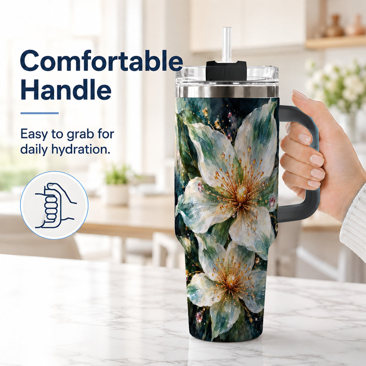 #pl[40oz|Black] White Floral 40oz Tumbler with Handle, Sage Green Botanical Artwork