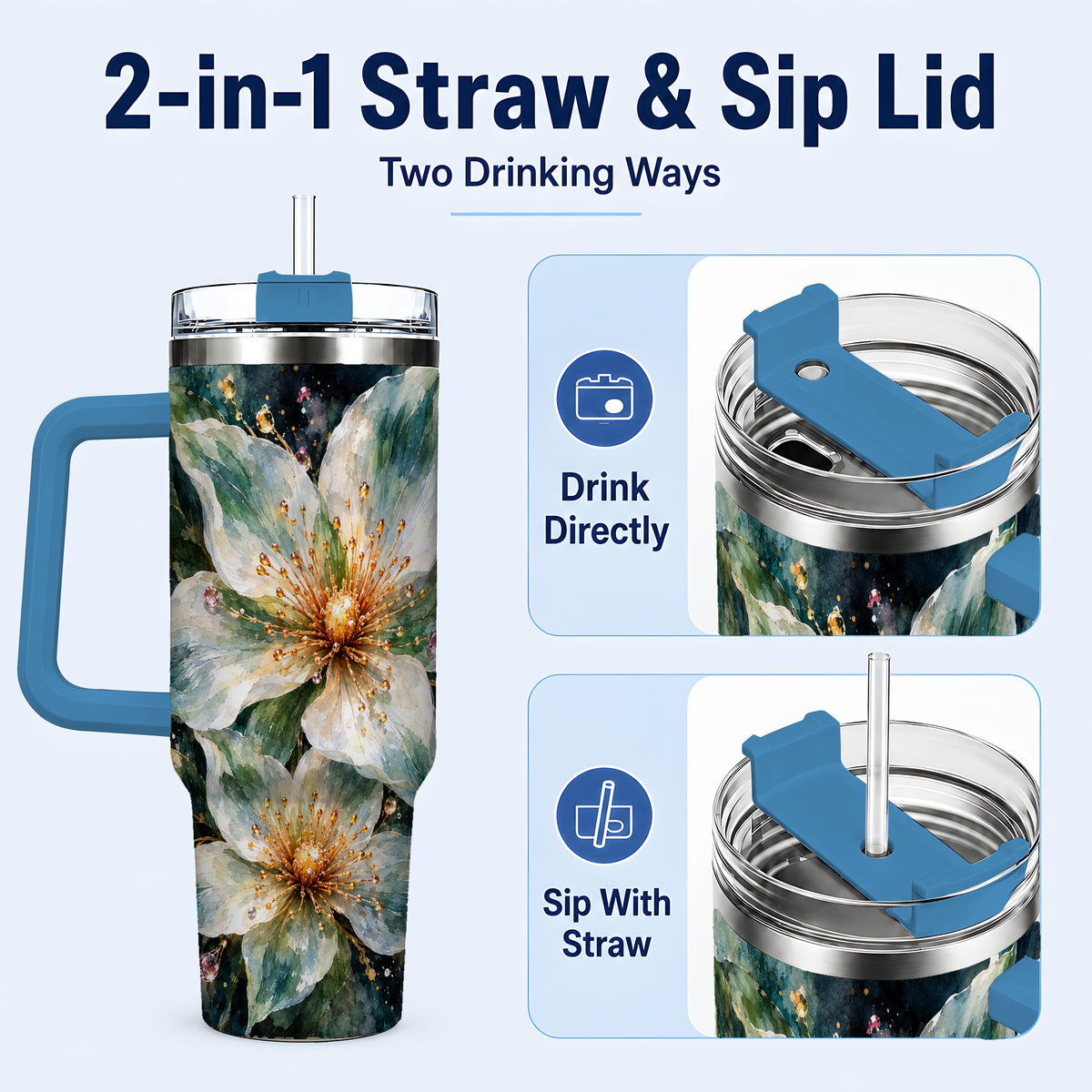 #pl[40oz|Blue] White Floral 40oz Tumbler with Handle, Sage Green Botanical Artwork