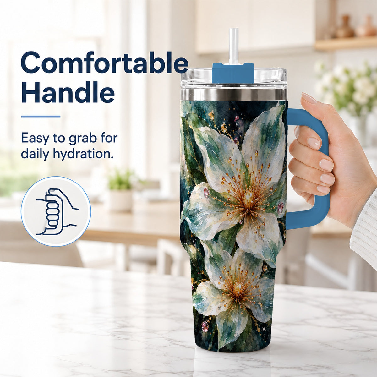 #pl[40oz|Blue] White Floral 40oz Tumbler with Handle, Sage Green Botanical Artwork