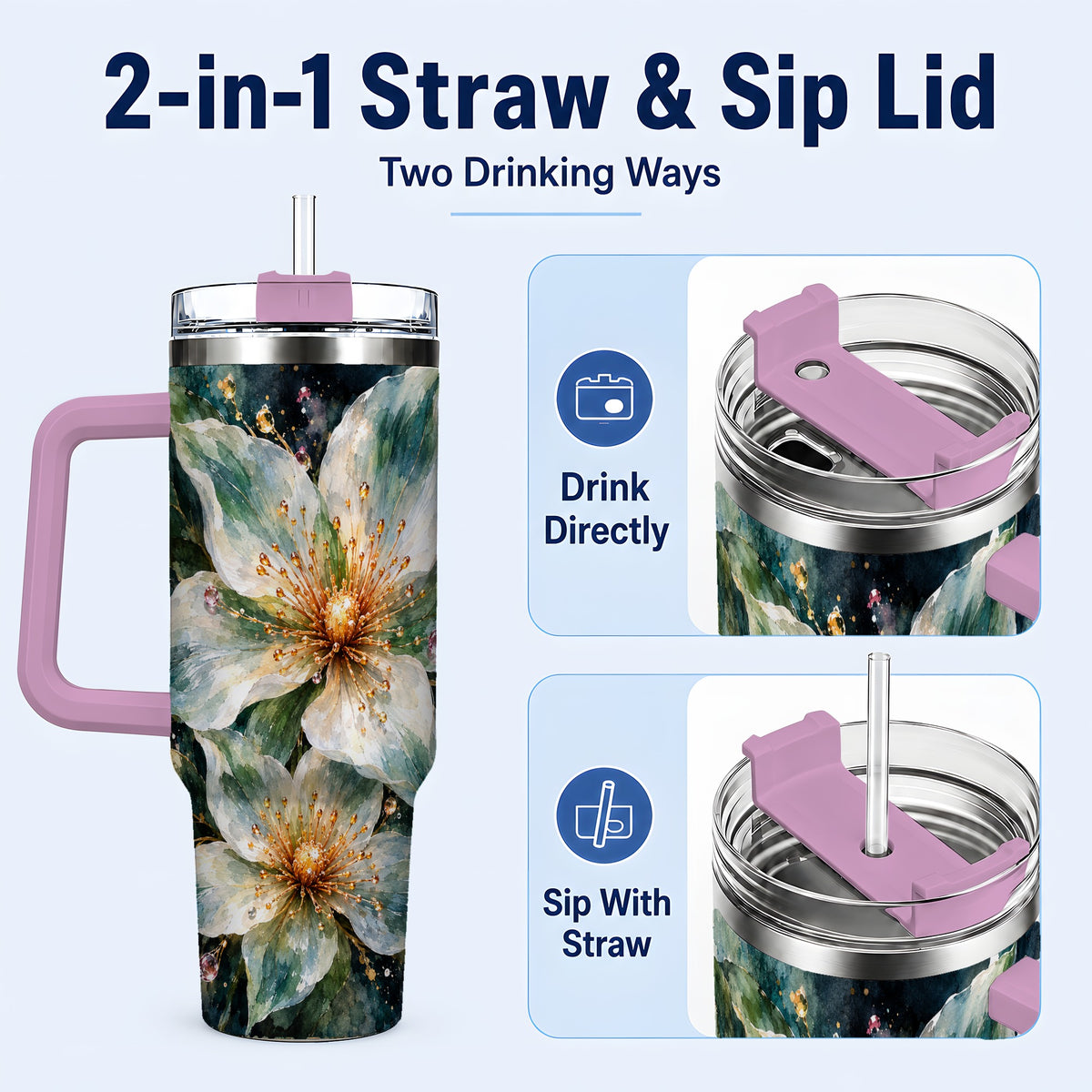 #pl[40oz|Pink] White Floral 40oz Tumbler with Handle, Sage Green Botanical Artwork