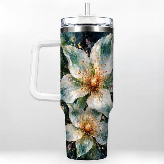 White Floral 40oz Tumbler with Handle, Sage Green Botanical Artwork