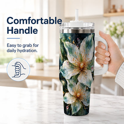 #pl[40oz|White] White Floral 40oz Tumbler with Handle, Sage Green Botanical Artwork
