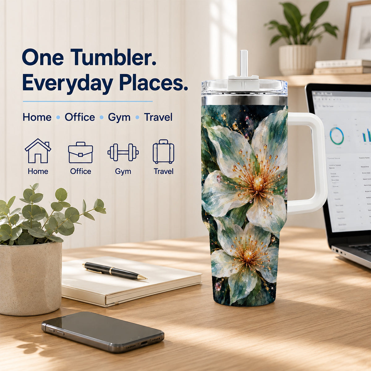 White Floral 40oz Tumbler with Handle, Sage Green Botanical Artwork