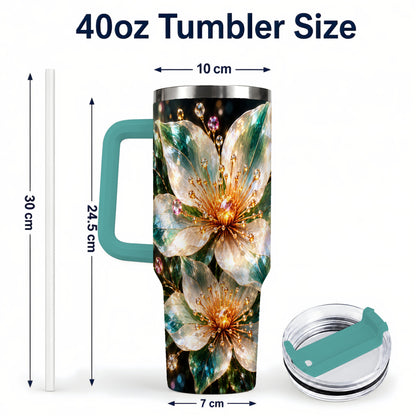 #pl[40oz|Green] Crystal Floral 40oz Tumbler with Handle, Emerald Botanical Artwork
