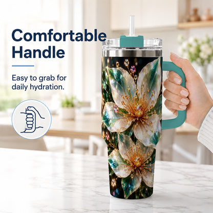 #pl[40oz|Green] Crystal Floral 40oz Tumbler with Handle, Emerald Botanical Artwork