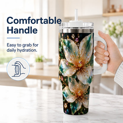 #pl[40oz|White] Crystal Floral 40oz Tumbler with Handle, Emerald Botanical Artwork