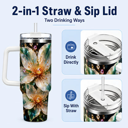 #pl[40oz|White] Crystal Floral 40oz Tumbler with Handle, Emerald Botanical Artwork