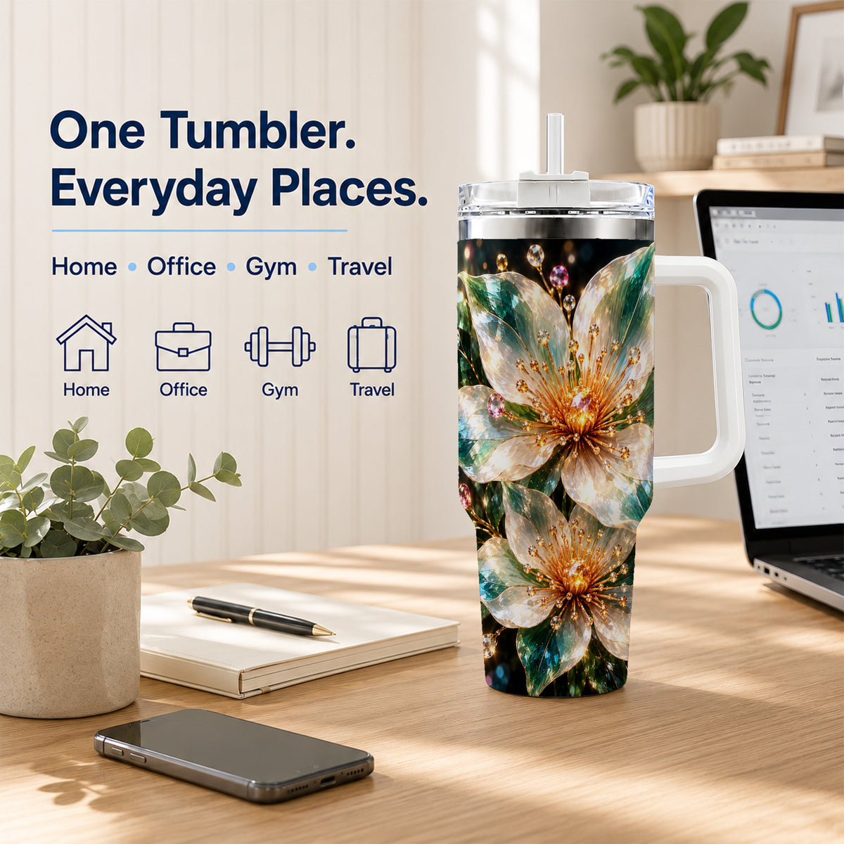 Crystal Floral 40oz Tumbler with Handle, Emerald Botanical Artwork