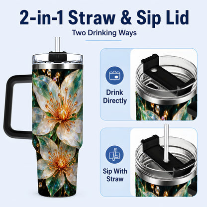 #pl[40oz|Black] Crystal Flower 40oz Tumbler with Handle, Emerald Botanical Design