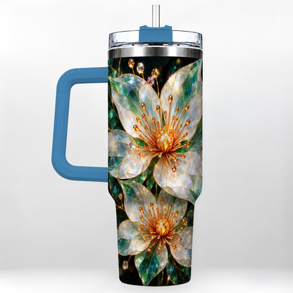 #pl[40oz|Blue] Crystal Flower 40oz Tumbler with Handle, Emerald Botanical Design