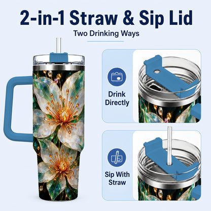 #pl[40oz|Blue] Crystal Flower 40oz Tumbler with Handle, Emerald Botanical Design