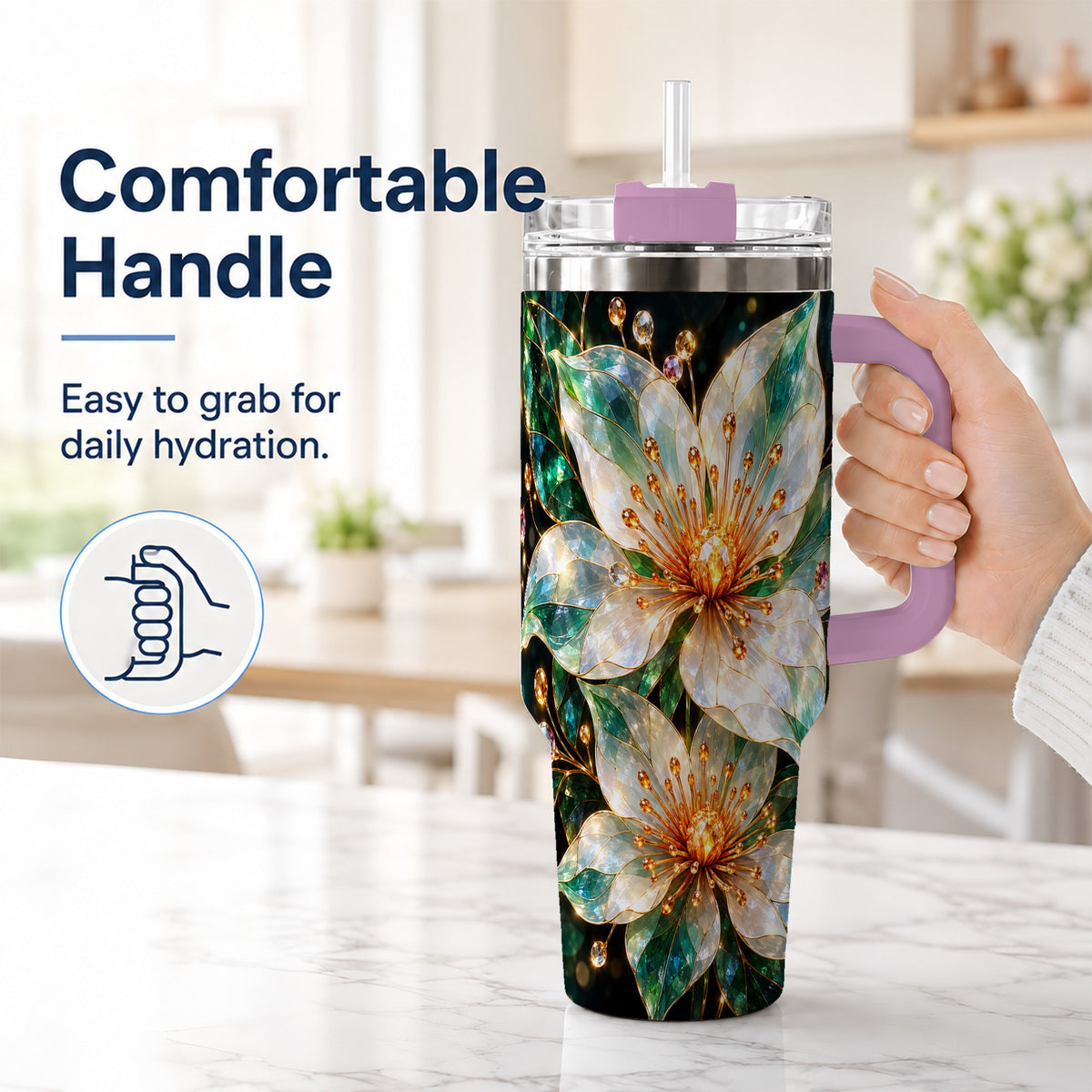 #pl[40oz|Pink] Crystal Flower 40oz Tumbler with Handle, Emerald Botanical Design