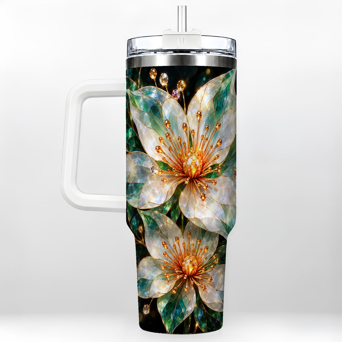 Crystal Flower 40oz Tumbler with Handle, Emerald Botanical Design
