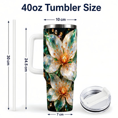 #pl[40oz|White] Crystal Flower 40oz Tumbler with Handle, Emerald Botanical Design
