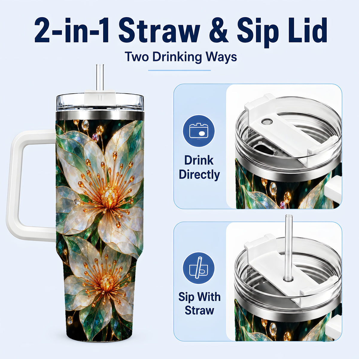 #pl[40oz|White] Crystal Flower 40oz Tumbler with Handle, Emerald Botanical Design