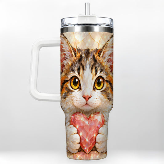 Calico Cat 40oz Tumbler with Handle, Crystal Kitten Pink Heart Art