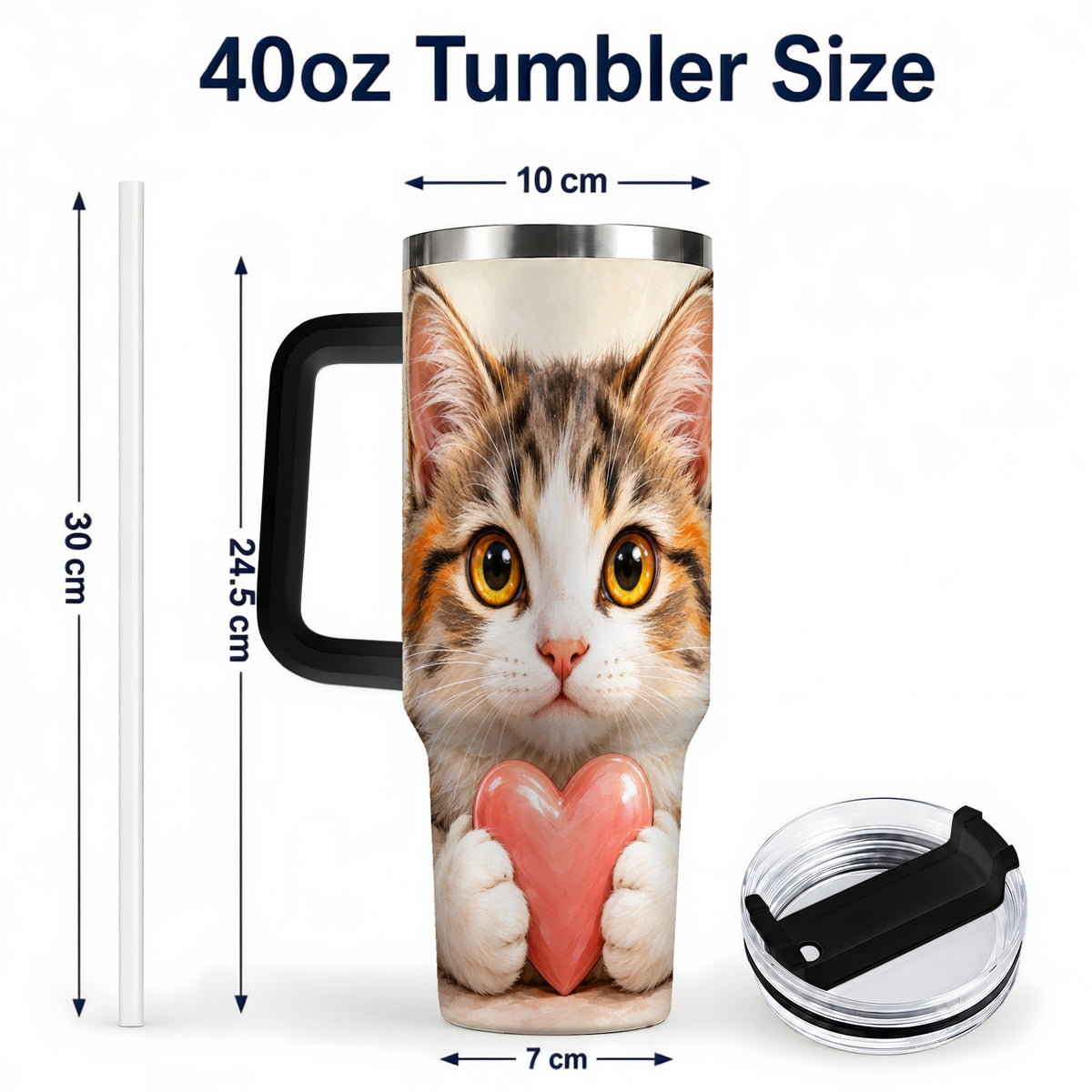 #pl[40oz|Black] Fluffy Cat 40oz Tumbler with Handle, Calico Kitten Heart Design