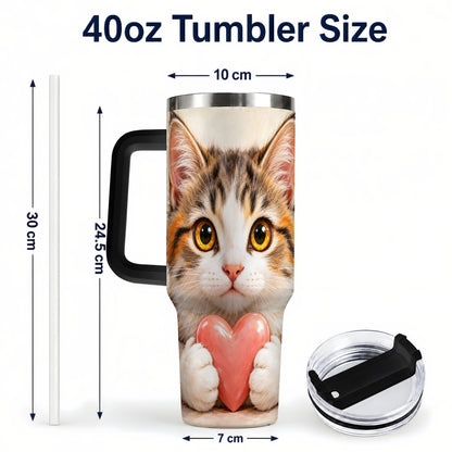 #pl[40oz|Black] Fluffy Cat 40oz Tumbler with Handle, Calico Kitten Heart Design