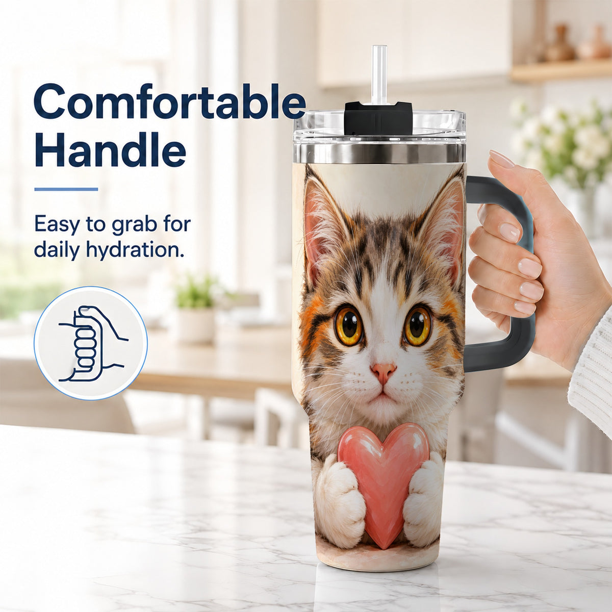 #pl[40oz|Black] Fluffy Cat 40oz Tumbler with Handle, Calico Kitten Heart Design
