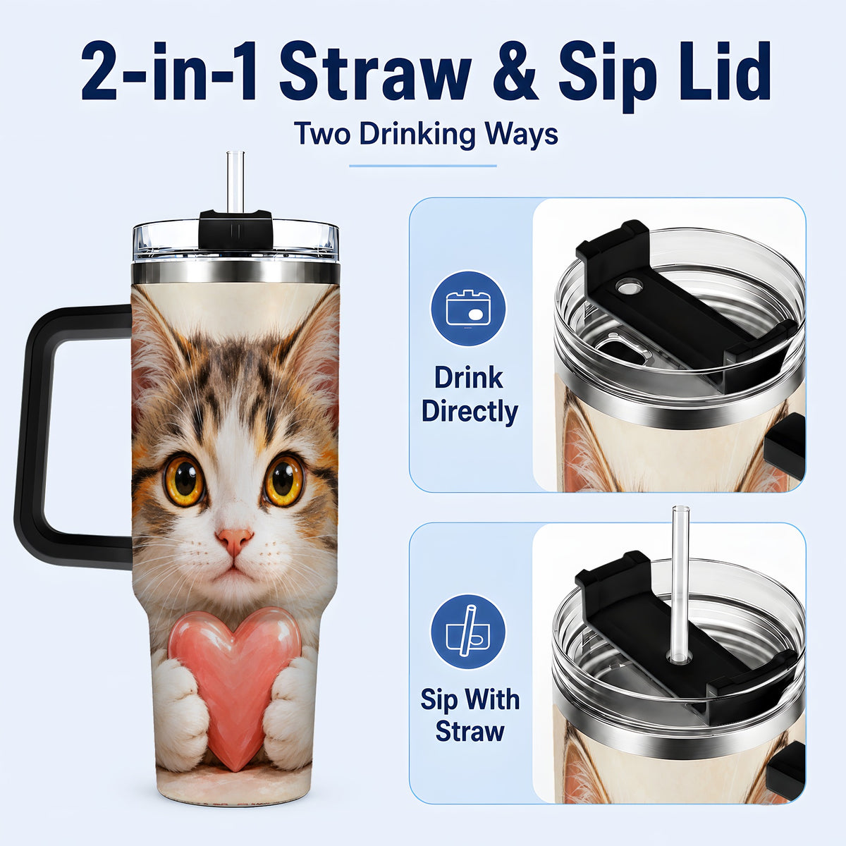 #pl[40oz|Black] Fluffy Cat 40oz Tumbler with Handle, Calico Kitten Heart Design