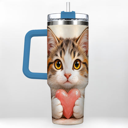 #pl[40oz|Blue] Fluffy Cat 40oz Tumbler with Handle, Calico Kitten Heart Design