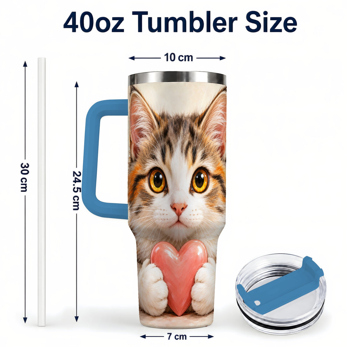 #pl[40oz|Blue] Fluffy Cat 40oz Tumbler with Handle, Calico Kitten Heart Design