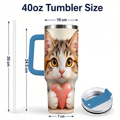 #pl[40oz|Blue] Fluffy Cat 40oz Tumbler with Handle, Calico Kitten Heart Design
