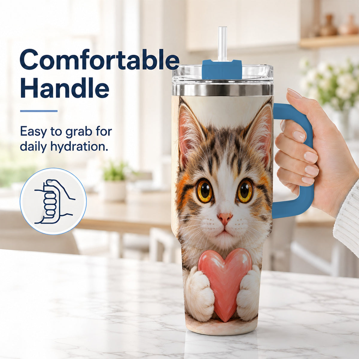 #pl[40oz|Blue] Fluffy Cat 40oz Tumbler with Handle, Calico Kitten Heart Design