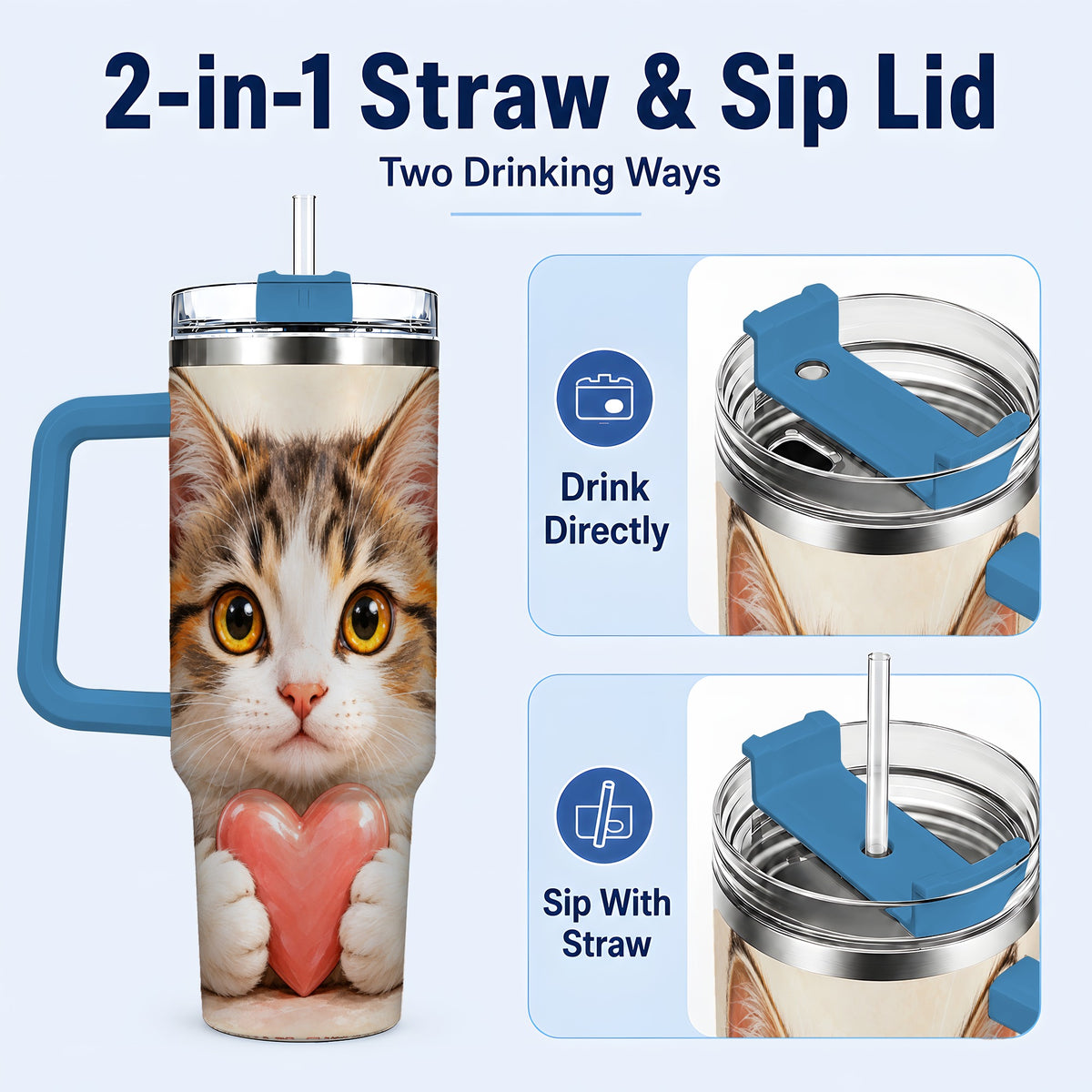 #pl[40oz|Blue] Fluffy Cat 40oz Tumbler with Handle, Calico Kitten Heart Design