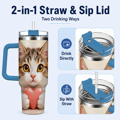 #pl[40oz|Blue] Fluffy Cat 40oz Tumbler with Handle, Calico Kitten Heart Design
