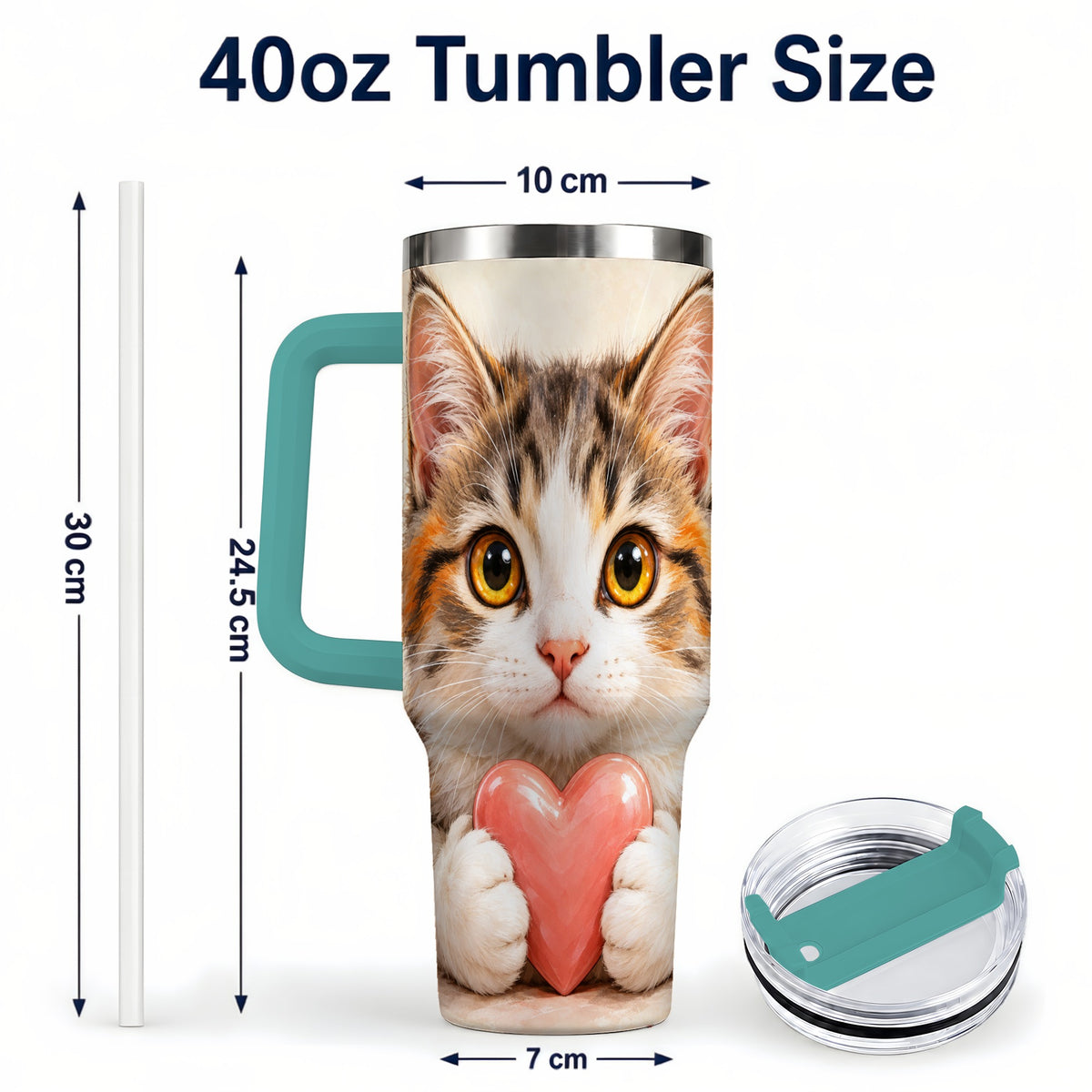 #pl[40oz|Green] Fluffy Cat 40oz Tumbler with Handle, Calico Kitten Heart Design