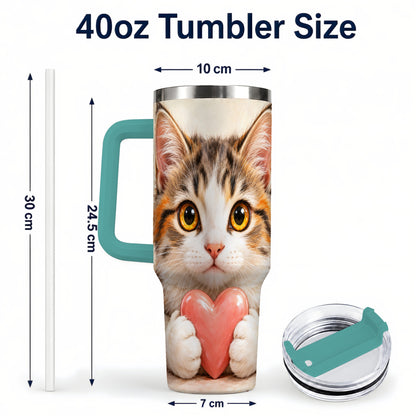 #pl[40oz|Green] Fluffy Cat 40oz Tumbler with Handle, Calico Kitten Heart Design