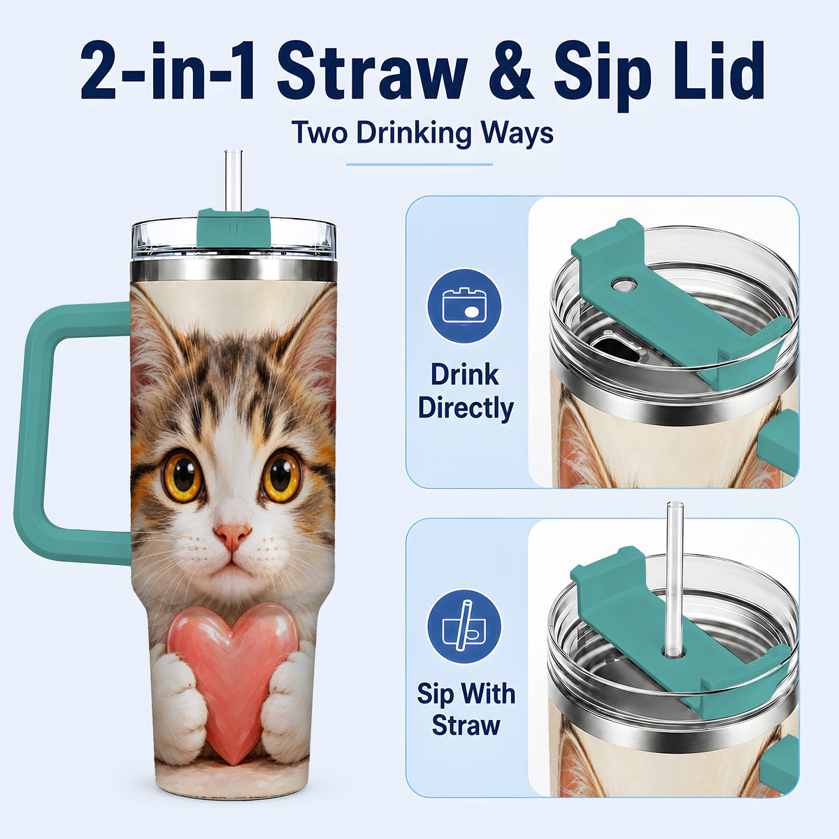 #pl[40oz|Green] Fluffy Cat 40oz Tumbler with Handle, Calico Kitten Heart Design
