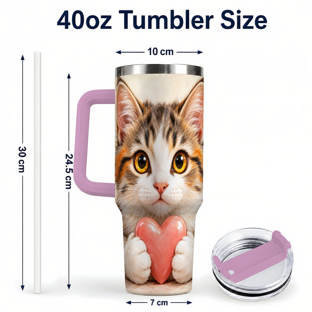 #pl[40oz|Pink] Fluffy Cat 40oz Tumbler with Handle, Calico Kitten Heart Design
