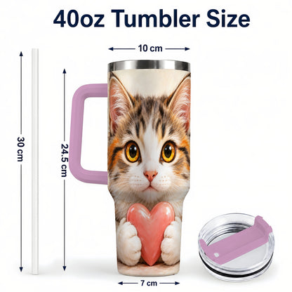 #pl[40oz|Pink] Fluffy Cat 40oz Tumbler with Handle, Calico Kitten Heart Design