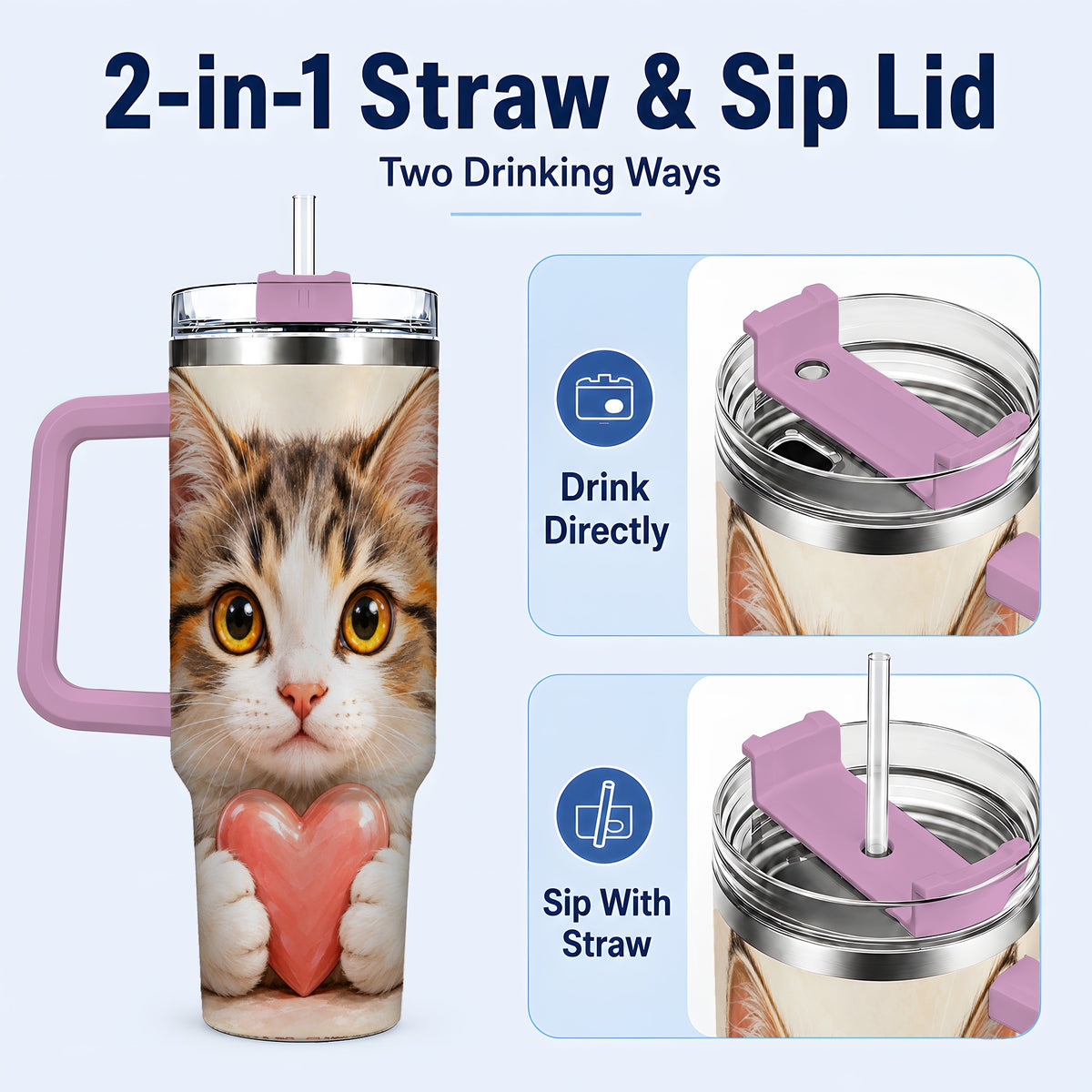 #pl[40oz|Pink] Fluffy Cat 40oz Tumbler with Handle, Calico Kitten Heart Design