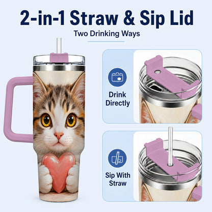#pl[40oz|Pink] Fluffy Cat 40oz Tumbler with Handle, Calico Kitten Heart Design