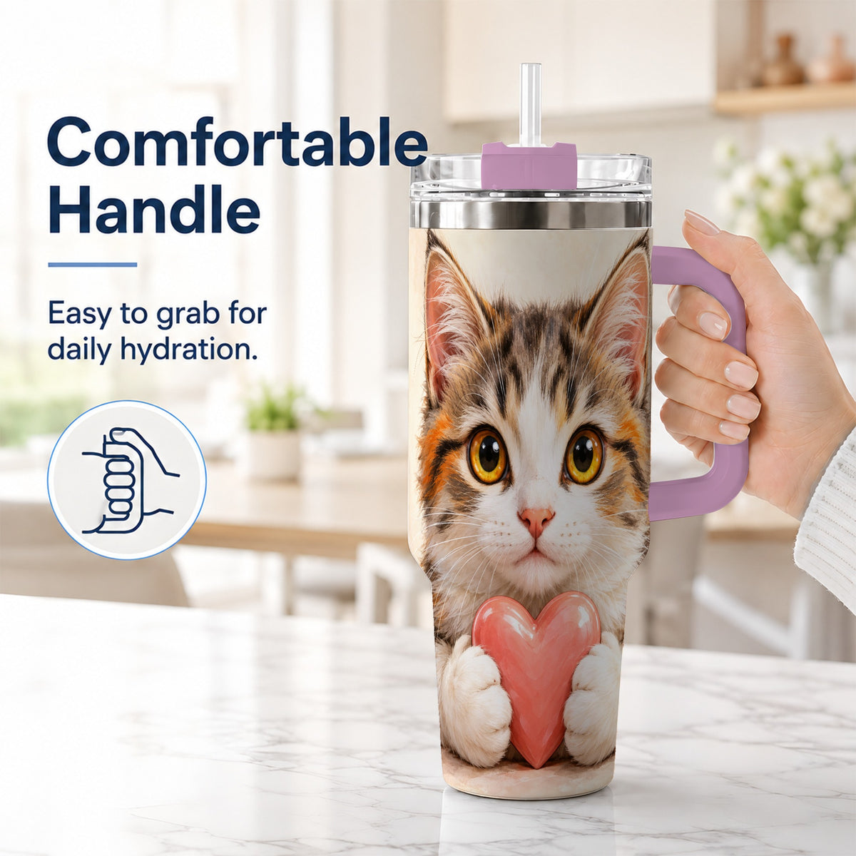 #pl[40oz|Pink] Fluffy Cat 40oz Tumbler with Handle, Calico Kitten Heart Design