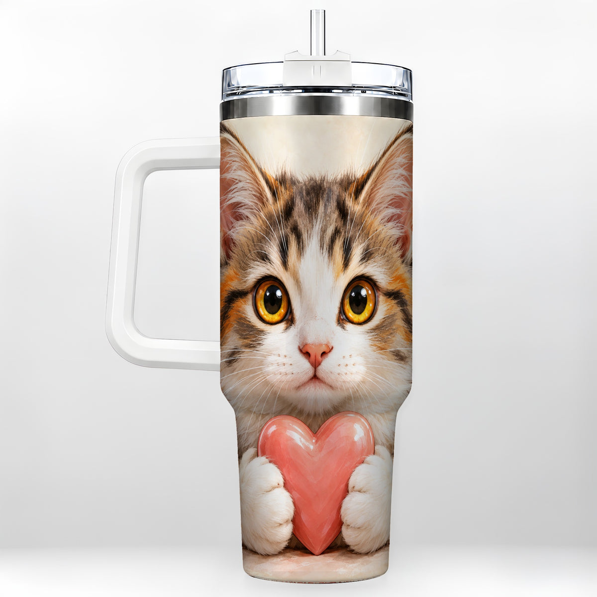 Fluffy Cat 40oz Tumbler with Handle, Calico Kitten Heart Design