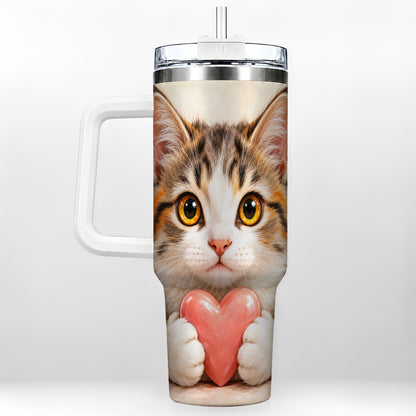 Fluffy Cat 40oz Tumbler with Handle, Calico Kitten Heart Design