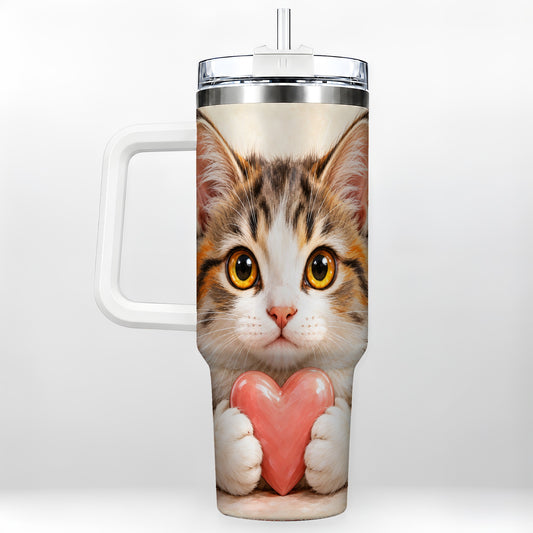 Fluffy Cat 40oz Tumbler with Handle, Calico Kitten Heart Design