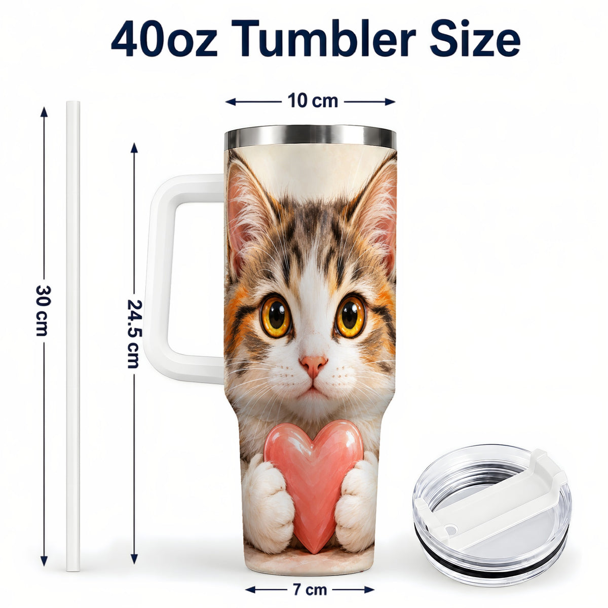 #pl[40oz|White] Fluffy Cat 40oz Tumbler with Handle, Calico Kitten Heart Design