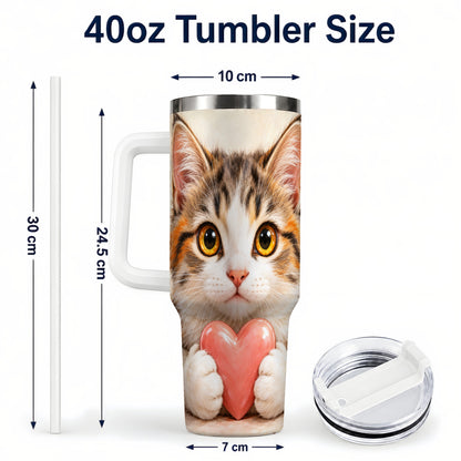 #pl[40oz|White] Fluffy Cat 40oz Tumbler with Handle, Calico Kitten Heart Design
