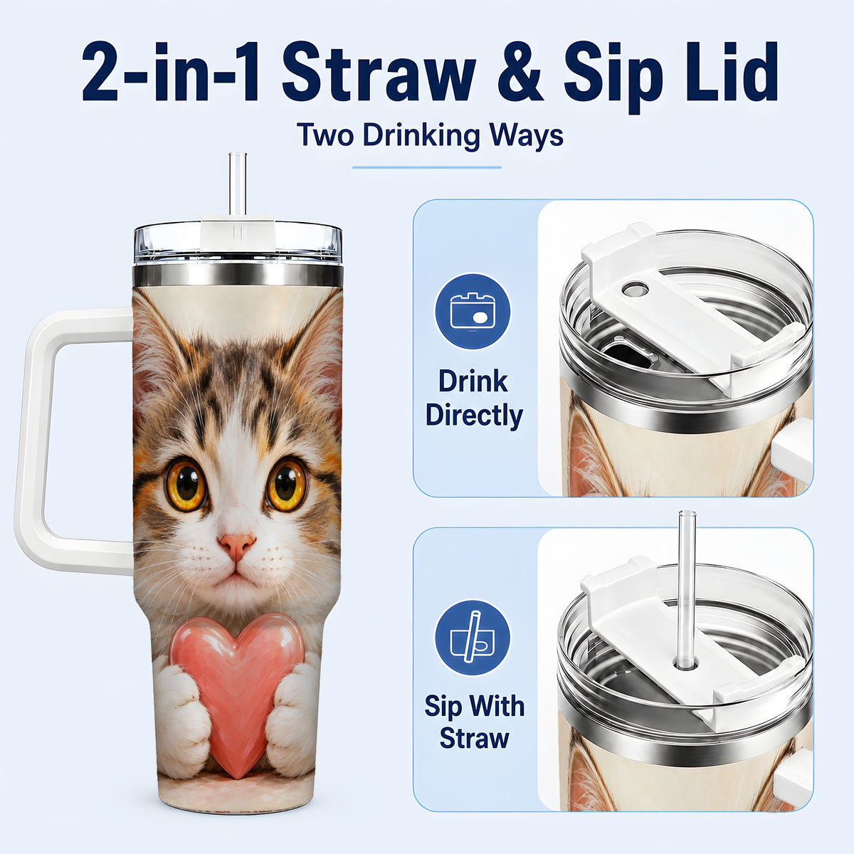#pl[40oz|White] Fluffy Cat 40oz Tumbler with Handle, Calico Kitten Heart Design