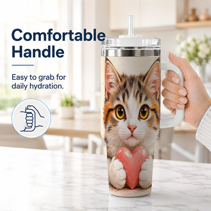 #pl[40oz|White] Fluffy Cat 40oz Tumbler with Handle, Calico Kitten Heart Design
