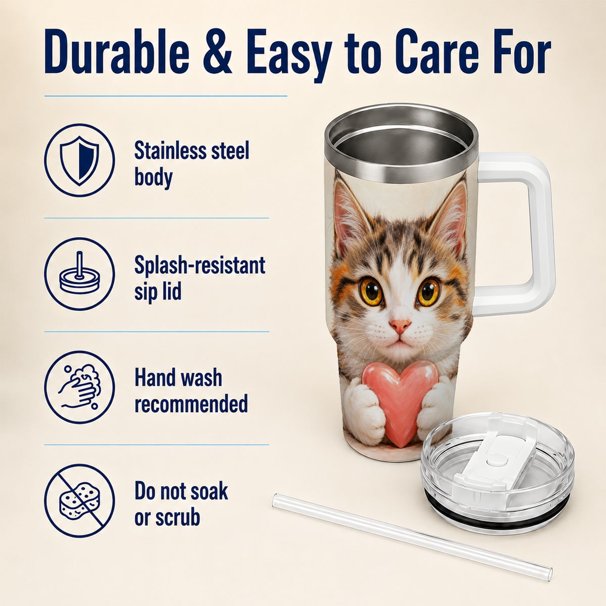 Fluffy Cat 40oz Tumbler with Handle, Calico Kitten Heart Design