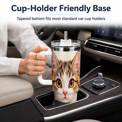 Fluffy Cat 40oz Tumbler with Handle, Calico Kitten Heart Design