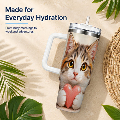 Fluffy Cat 40oz Tumbler with Handle, Calico Kitten Heart Design