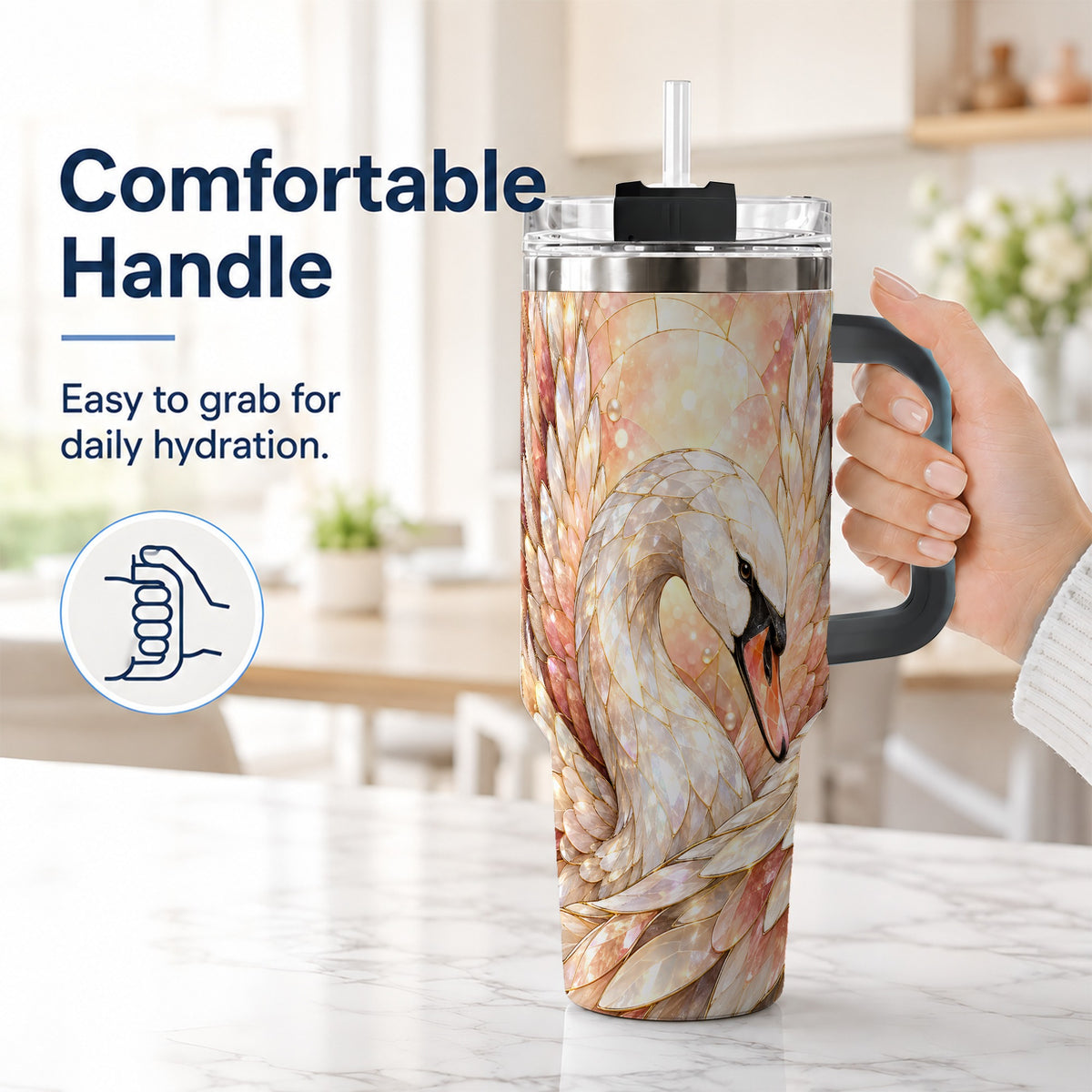 #pl[40oz|Black] Pearl Swan 40oz Tumbler with Handle, Iridescent Bird Drinkware